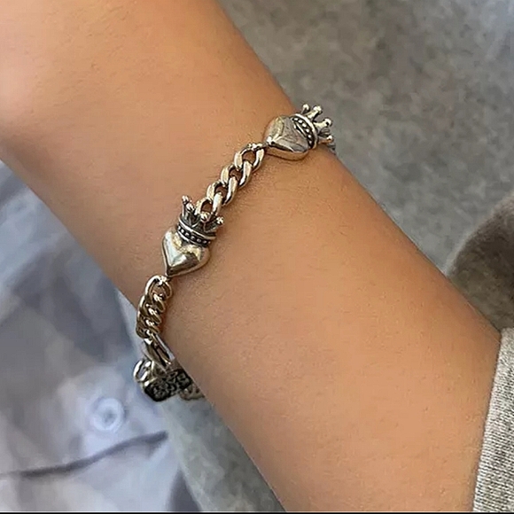 Crown Heart Sterling Silver Chain Link Bracelet Unisex - Picture 5 of 9
